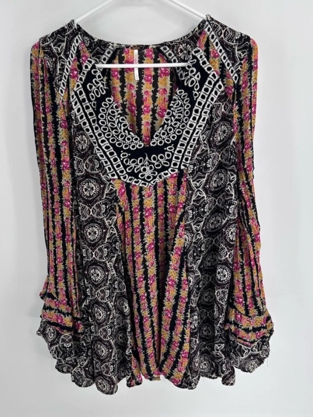 Free People Fallin Into You Tunic Dress  Black Combo Womens L Bell Sleeve Boho - Picture 10 of 14